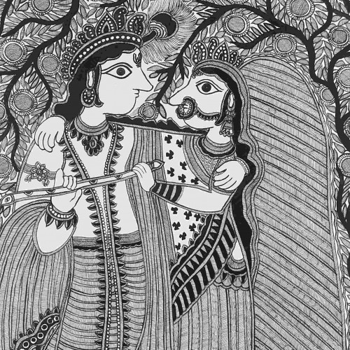 Buy Madhubani Radha Krishna Black And White Ethnic Handmade Mithila Painting